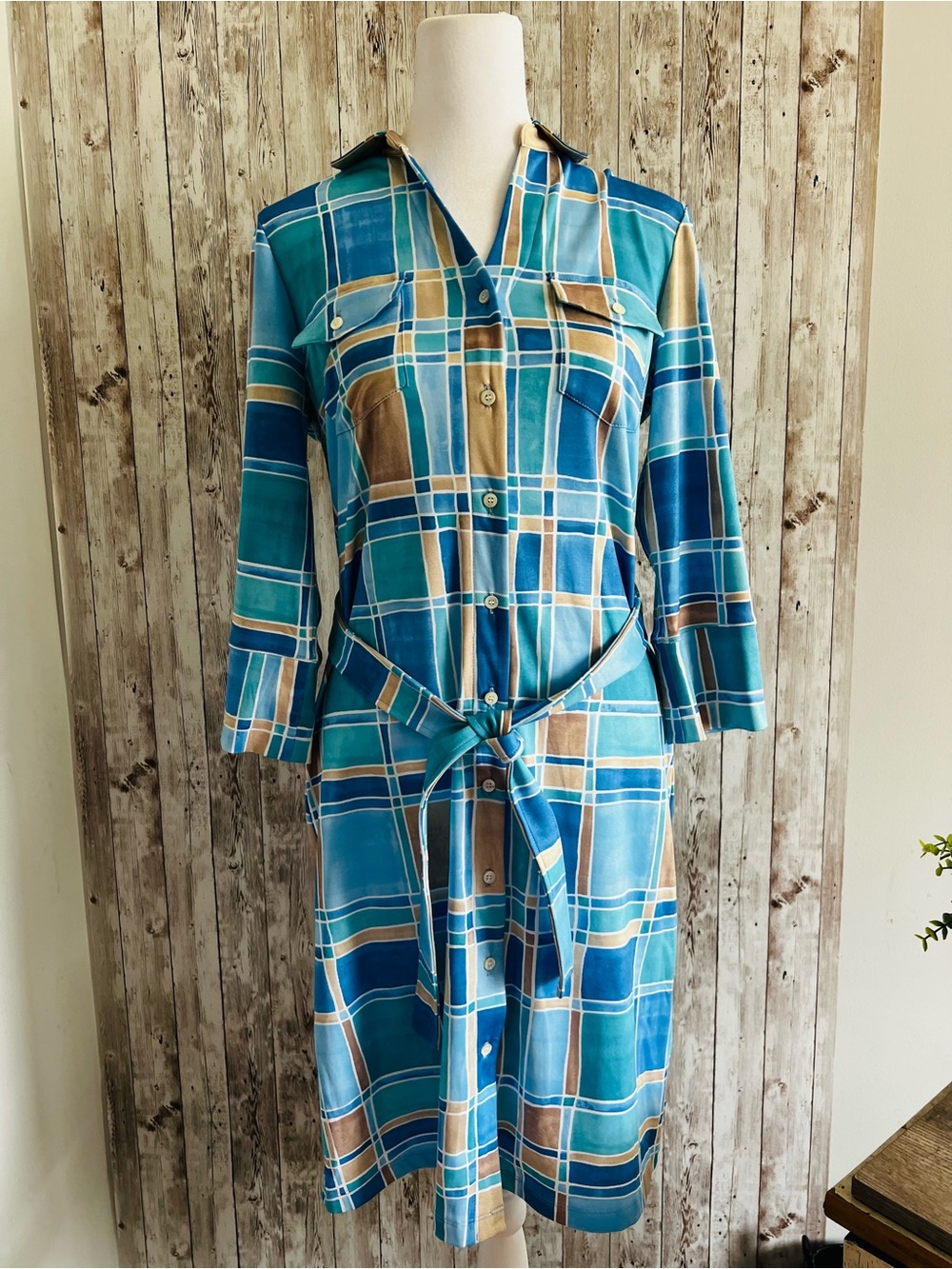 J. McLaughlin Blue & Tan Plaid Geometric Shirt Dress Stretchy Summer XS